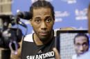 San Antonio Spurs forward Kawhi Leonard is interviewed during a media availability for the NBA basketball finals on Saturday, June 14, 2014, in San Antonio. The Spurs play Game 5 against the Miami Heat on Sunday