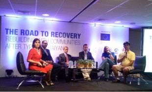 From left) News anchor Kathy San Gabriel, ACF Director Javad Amoozegar, EU Ambassador Guy Ledoux, ECHO Head David Sevcik, PLAN Director Carin van der Hor and community journalist Alfredo Padernos talk about EU efforts to rehabilitate Yolanda-hit areas.