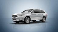 This undated product image provided by Infiniti shows the 2014 Infiniti QX60 Hybrid. This vehicle offers families who need three rows of seats a new roomy and plush sport utility choice. The gasoline-electric hybrid is more than 16 feet in overall length and is rated by the federal government at 26 miles per gallon in combined city/highway travel. (AP Photo/Infiniti)