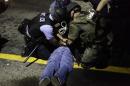 Police in riot gear detain a demonstrator protesting   against the shooting of Michael Brown, in Ferguson