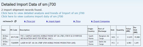 ▲印度的進出口網站清單中，出現了Samsung Galaxy J7的蹤影。