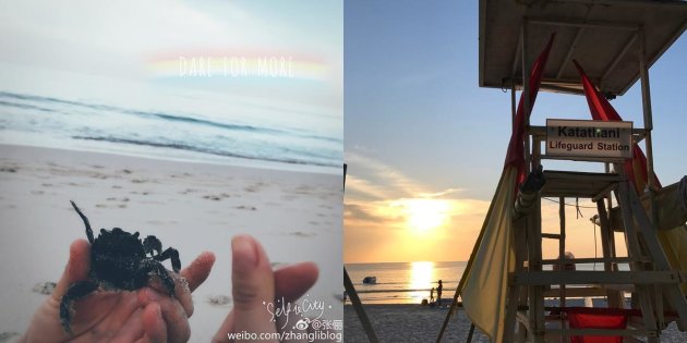 張儷在微博po出在普吉島海邊的度假照，兩張左手入鏡證實愛人相伴。（翻攝自張儷微博）