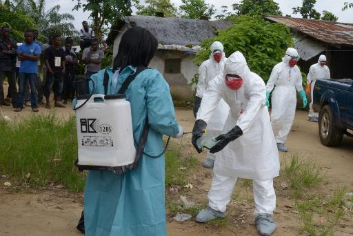 Medical workers from the Liberian Red Cross disinfect themselves in the small city of Banjol, where three people infected with the Ebola virus died, on September 4, 2014