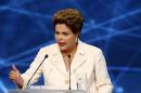 Presidential candidate and Brazilian President Dilma Rousseff speaks during the first television debate in Sao Paulo