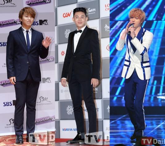從左至右，Super Junior成員晟敏、劉亞仁和超新星成員成帝