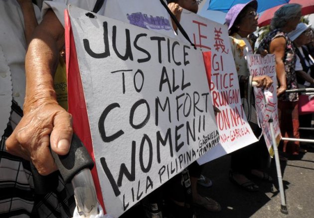 Filipina former comfort women protest in front of the Japanese embassy in Manila on March 3, 2010, demanding compensation for being forced into sex slavery by Japanese occupying troops during World War II