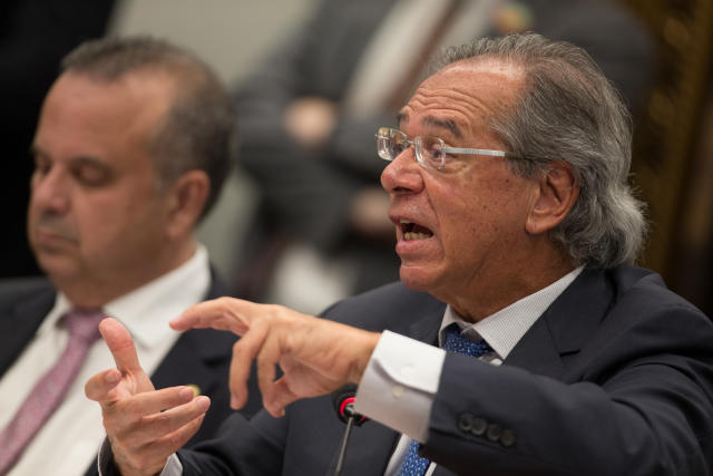 Paulo Guedes, Brazil's economy minister, speaks during a public hearing on pension reform before the Lower House Justice and Constitution Committee in Brasilia, Brazil, on Wednesday, April 3, 2019. Guedes sparred with lawmakers over a proposed pension reform during a crucial period for the government as it works to build congressional support for the bill. Photographer: Andre Coelho/Bloomberg via Getty Images