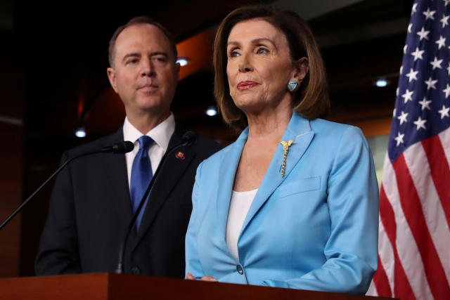 U.S. House Intelligence Committee Chairman Adam Schiff (D-CA) joins Speaker of the House Nancy Pelosi to speak about Democratic legislative priorities and impeachment inquiry plans during her weekly news conference at the U.S. Capitol in Washington, U.S., October 2, 2019. REUTERS/Jonathan Ernst