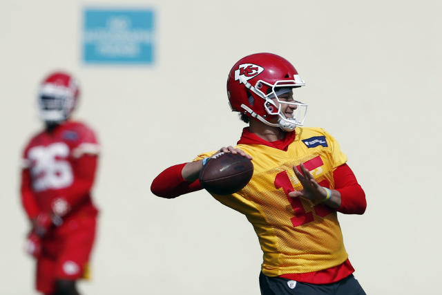 Kansas City Chiefs quarterback Patrick Mahomes (15) throws during practice on Friday, Jan. 31, 2020, in Davie, Fla., for the NFL Super Bowl 54 football game. (AP Photo/Brynn Anderson)