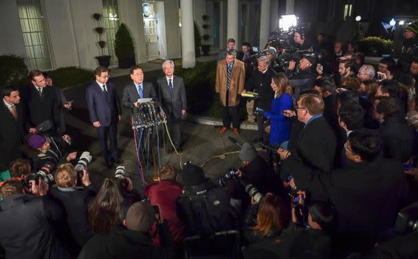 PHOTO: South Korean national security director Chung Eui-yong, center, speaks to reporters at the White House in Washington, March 8, 2018. Intelligence chief Suh Hoon is at left. (Susan Walsh/AP Photo)