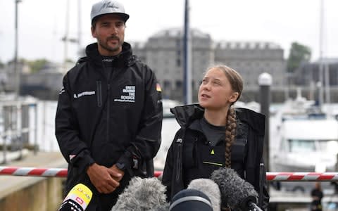 Greta Thunberg and German yachtsman Boris Herrmann in a press conference for her trip to New York - Credit: ANDY RAIN/EPA-EFE/REX