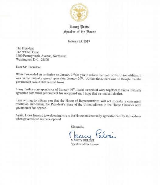 图片：众议院议长南希佩洛西于2019年1月23日将这封信发给特朗普总统。（众议院议长）