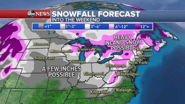 Snowfall totals will be limited along the coast, but inland could see over 6 inches. (ABC News)