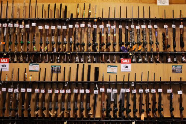PHOTO: Guns sit on display at a Dick's Sporting Goods store in Paramus, N.J., March 6, 2012. (Victor J. Blue/Bloomberg via Getty Images)