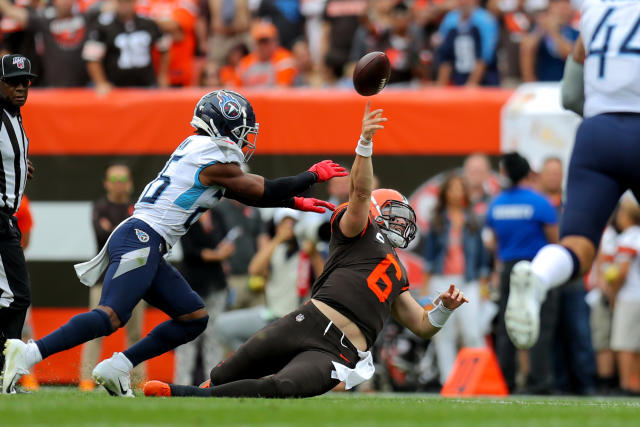 CLEVELAND, OH - SEPTEMBER 08: Cleveland Browns quarterback Baker Mayfield (6) throws as he goes down as Tennessee Titans cornerback Logan Ryan (26) applies pressure during the second quarter of the National Football League game between the Tennessee Titans and Cleveland Browns on September 8, 2019, at FirstEnergy Stadium in Cleveland, OH. (Photo by Frank Jansky/Icon Sportswire via Getty Images)