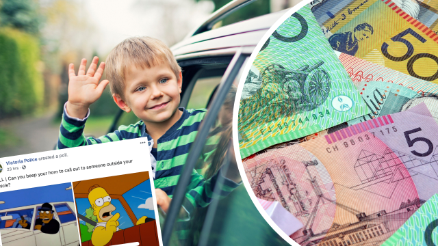 Pictured: Waving goodbye and tooting goodbye, Australian cash and poll about fines. Images: Getty, Facebook (Victoria Police)