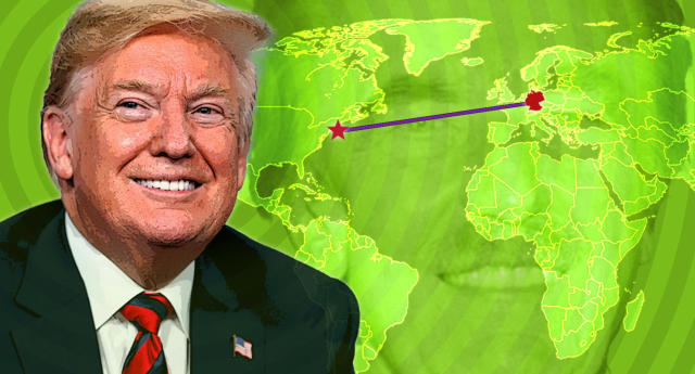 Donald Trump with a map marking New York City and Germany. Background: Fred Trump. (Photo illustration: Yahoo News; photos: AP (3), Getty Images)
