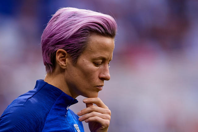 LYON, FRANCE - JULY 02: Megan Rapinoe of the USA looks down prior to the 2019 FIFA Women's World Cup France Semi Final match between England and USA at Stade de Lyon on July 2, 2019 in Lyon, France. (Photo by David Aliaga/MB Media/Getty Images)