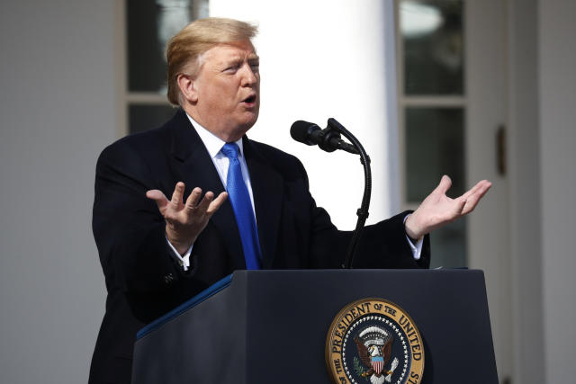 President Trump speaks in the White House Rose Garden to declare a national emergency in order to build a wall along the southern border, Feb. 15, 2019. (AP Photo/Pablo Martinez Monsivais)