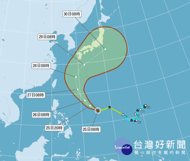今年第22號颱風蘇拉昨天形成，氣象局預計將一路往西北移行至琉球東方近海，隨後逐漸轉向為東北（圖／台灣好新聞）