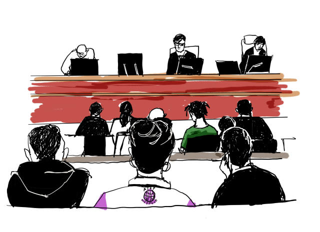 This court sketch created on July 30, 2019 shows US rapper A$AP Rocky (middle row, in green shirt) during his trial at the district court in Stockholm. - The 30-year-old artist, whose real name is Rakim Mayers, was arrested on July 3, 2019 along with three other people, following a street brawl in Stockholm on June 30. The musician's detention has stirred diplomatic tensions and fan outrage. (Photo by Anna HARVARD / TT NEWS AGENCY / AFP) / Sweden OUT (Photo credit should read ANNA HARVARD/AFP/Getty Images)