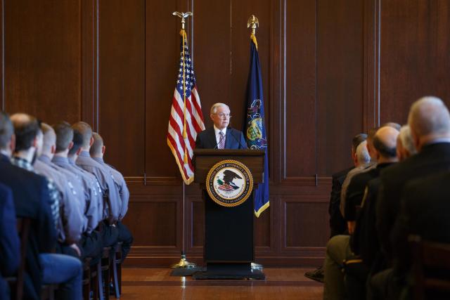 Attorney General Jeff Sessions addresses cadets at the Lackawanna College Police Academy in Scranton, Pennsylvania, on June 15. Hundreds of his fellow United Methodist Church members are bringing church charges against him for separating immigrant families. (Pacific Press / Getty Images)