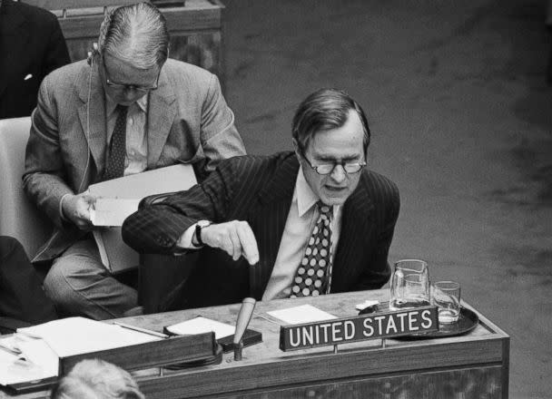 PHOTO: Amb. George Bush drives home a point during a meeting at the U.N. urging that the 25-nation steering committee recommend debate of global terrorism in the General Assembly, Sept. 22, 1972. (Bettmann Archive/Getty Images, file)