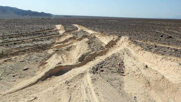 PHOTO: Damage inflicted by a truck that illegally entered over a sector of the ancient geoglyphs of the Nazca Lines, a World Heritage Site, in southern Peru, is pictured in a handout photo released by the Peruvian Ministry of Culture, Jan. 27, 2018. (HANDOUT/AFP/Getty Images)