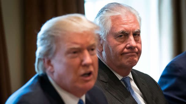 PHOTO: Secretary of State Rex Tillerson listens as President Donald Trump speaks during a meeting in the Cabinet Room of the White House in Washington, Sept. 12, 2017. (Doug Mills/New York Times via Redux, FILE)
