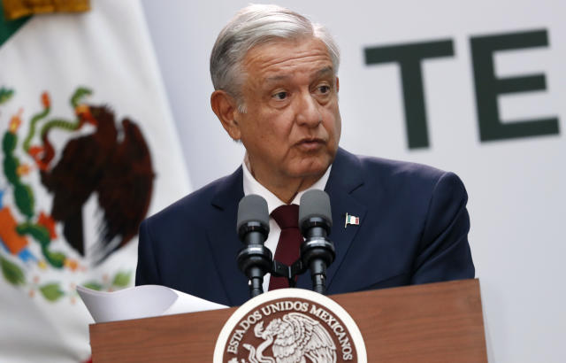 Mexican President Andrés Manuel López Obrador gives his first year's state of the nation address at the National Palace in Mexico City, Sunday, Sept. 1, 2019. (AP Photo/Marco Ugarte)