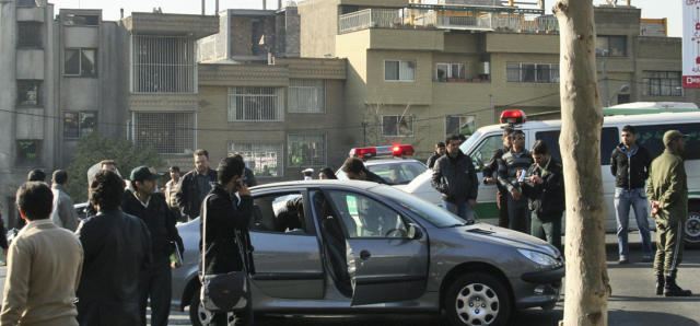This photo released by Fars News Agency is claimed by them to show one of the damaged cars following bomb attacks on the vehicles of two nuclear scientists in Tehran, Iran, Nov. 29, 2010. Assailants on motorcycles attached bombs to the two cars of two nuclear scientists as they were driving to work in Tehran on Monday, killing one and seriously wounding the other, state television reported. (Photo: Fars News Agency/AP)