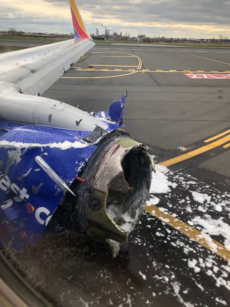PHOTO: The engine of a Southwest Airlines plane after an emergency landing at the Philadelphia airport, April 17, 2018. (Joe Marcus/Twitter)