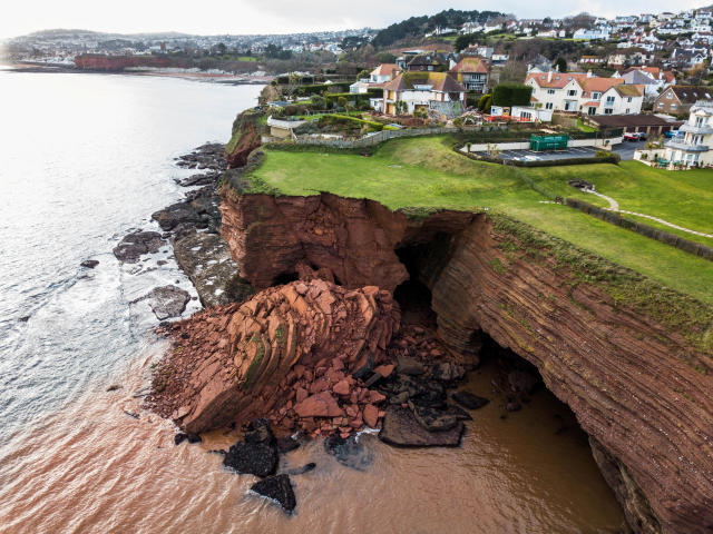 A cliff fall at Livermead cliff in Torquay, 29/01/2020 See SWNS story SWPLcliff. A huge cliff has fallen into the sea off the Devon coast. Drone photos show the dramatic scene at Livermead. It's understood the incident happened at some point yesterday. Torbay Council and the Harbour Authority took to Twitter to warn people about the collapse. 