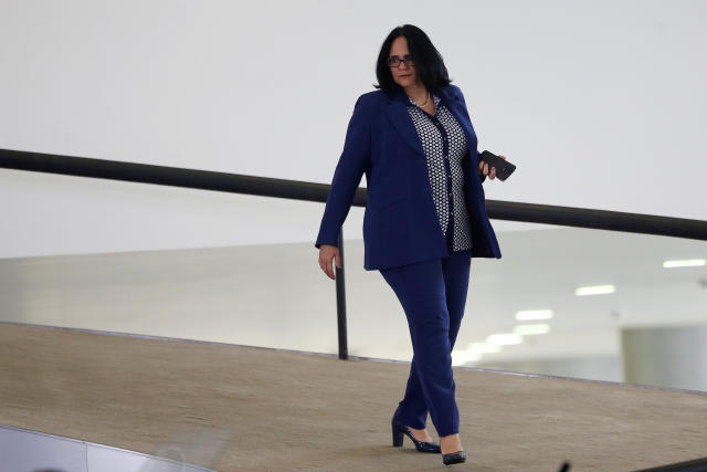 Brazil's Minister of Women, Family and Human Rights, Damares Alves arrives for a ceremony marking first 100 days in office of Brazil's President Jair Bolsonaro at the Planalto Palace in Brasilia Brazil April 11, 2019. REUTERS/Adriano Machado