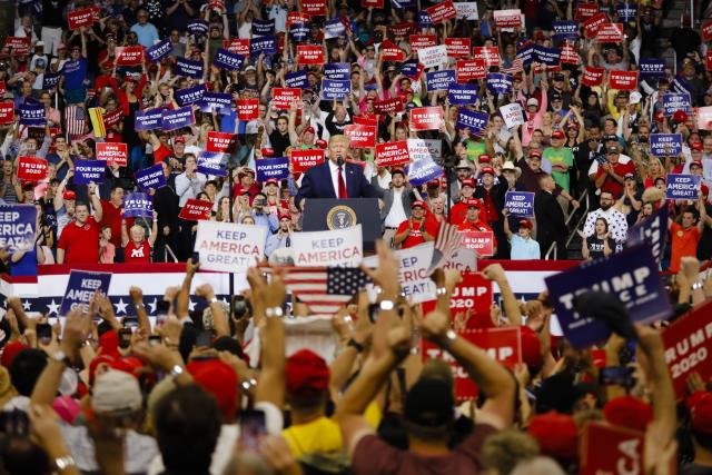 ORLANDO, USA - JUNE 18: US President Donald Trump (C) speaks during a rally at the Amway Center in Orlando, Florida on June 18, 2019. President Donald Trump officially launches his 2020 campaign. (Photo by Eva Marie Uzcategui T./Anadolu Agency/Getty Images)