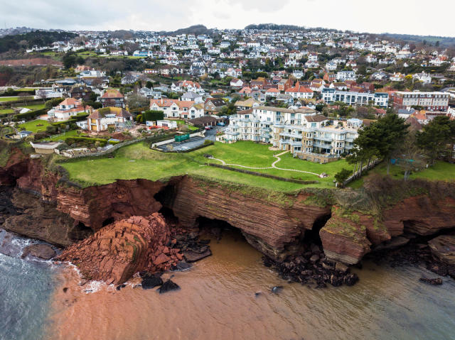 A cliff fall at Livermead cliff in Torquay, 29/01/2020 See SWNS story SWPLcliff. A huge cliff has fallen into the sea off the Devon coast. Drone photos show the dramatic scene at Livermead. It's understood the incident happened at some point yesterday. Torbay Council and the Harbour Authority took to Twitter to warn people about the collapse. 