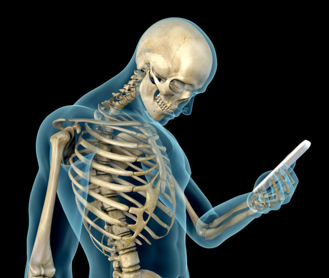 Human anatomy showing wrong postures of using the phone. Wrong angle look at the device screen, causing a problem called 
