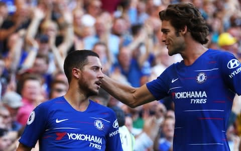 Eden Hazard and Marcos Alonso celebrate a Chelsea goal - Credit: Getty images